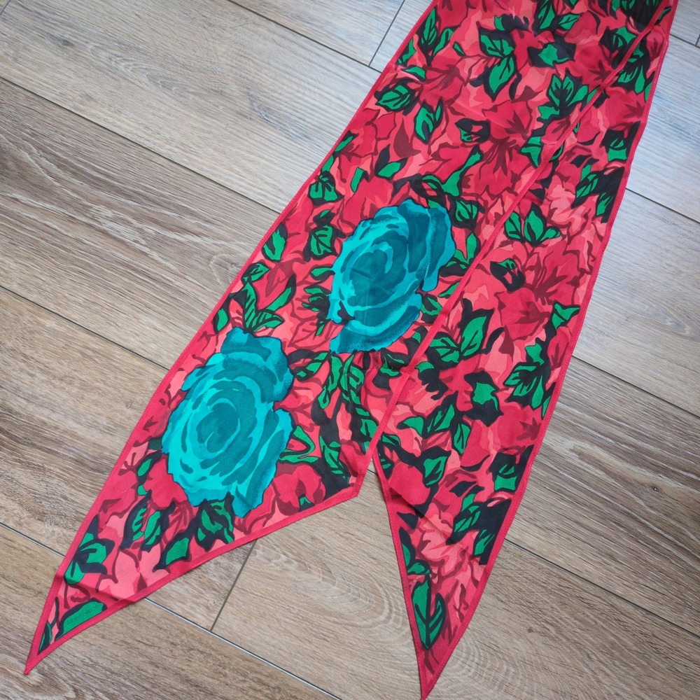 Vtg Albert Nipon Oblong Silk Scarf Red Teal Rose Floral Skinny Long